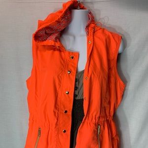 Day-glow orange sporty hooded button down vest